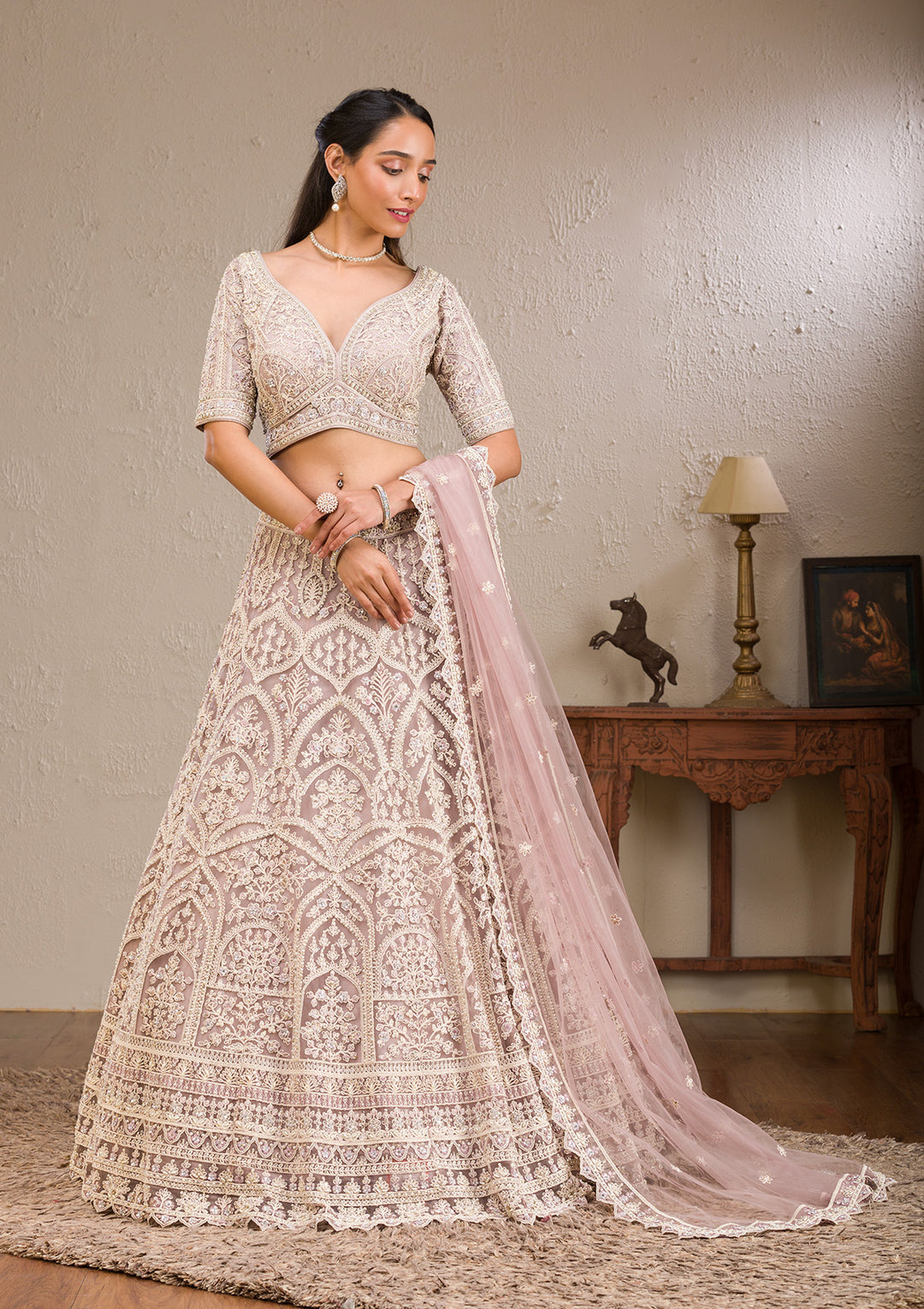 Baby Pink Threadwork Net Readymade Lehenga
