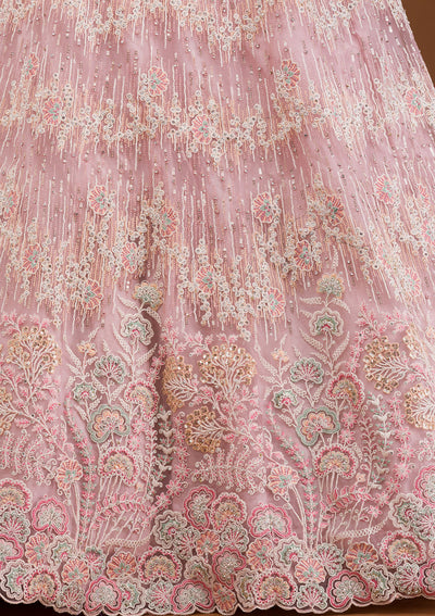 Baby Pink Threadwork Net Semi Stitched Lehenga