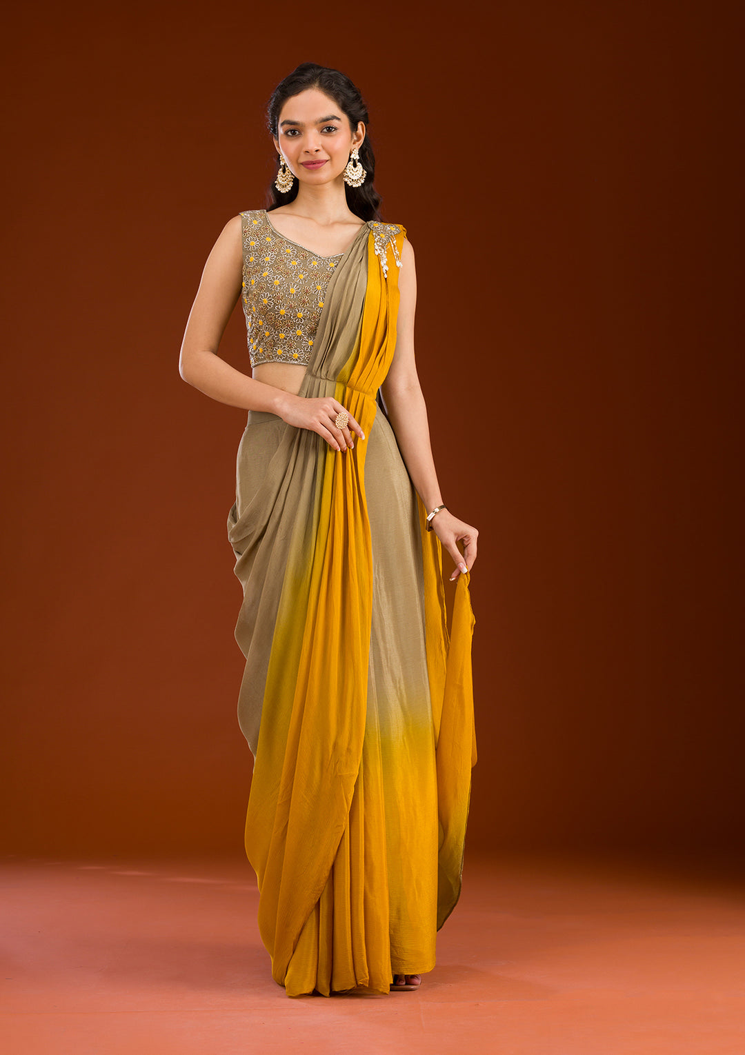 Beige Cutdana Georgette Readymade Saree