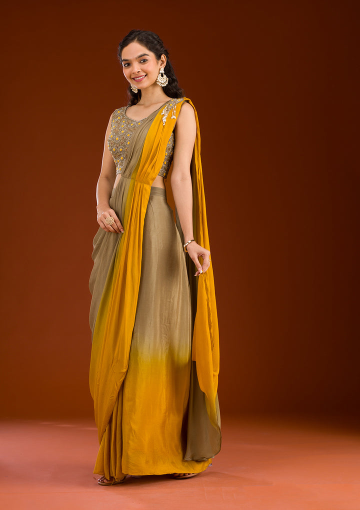 Beige Cutdana Georgette Readymade Saree