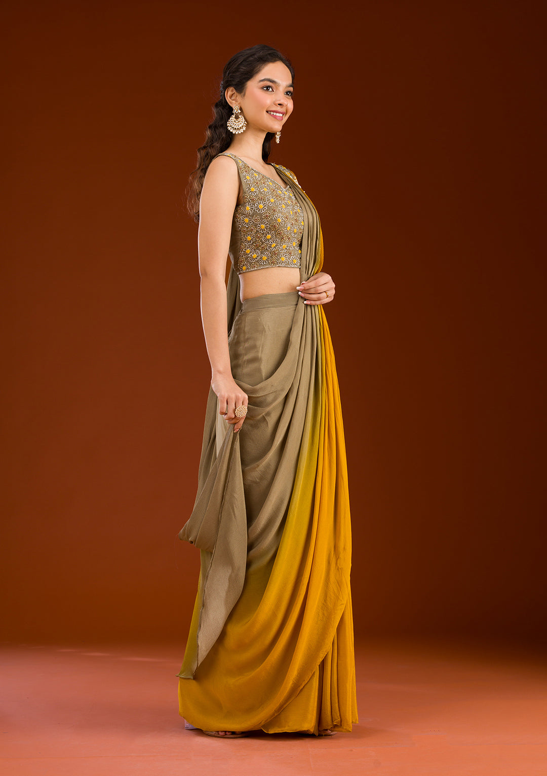 Beige Cutdana Georgette Readymade Saree