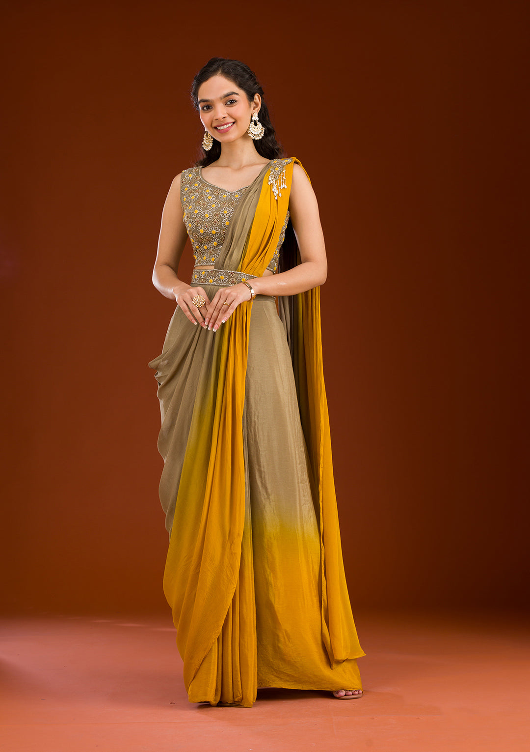 Beige Cutdana Georgette Readymade Saree