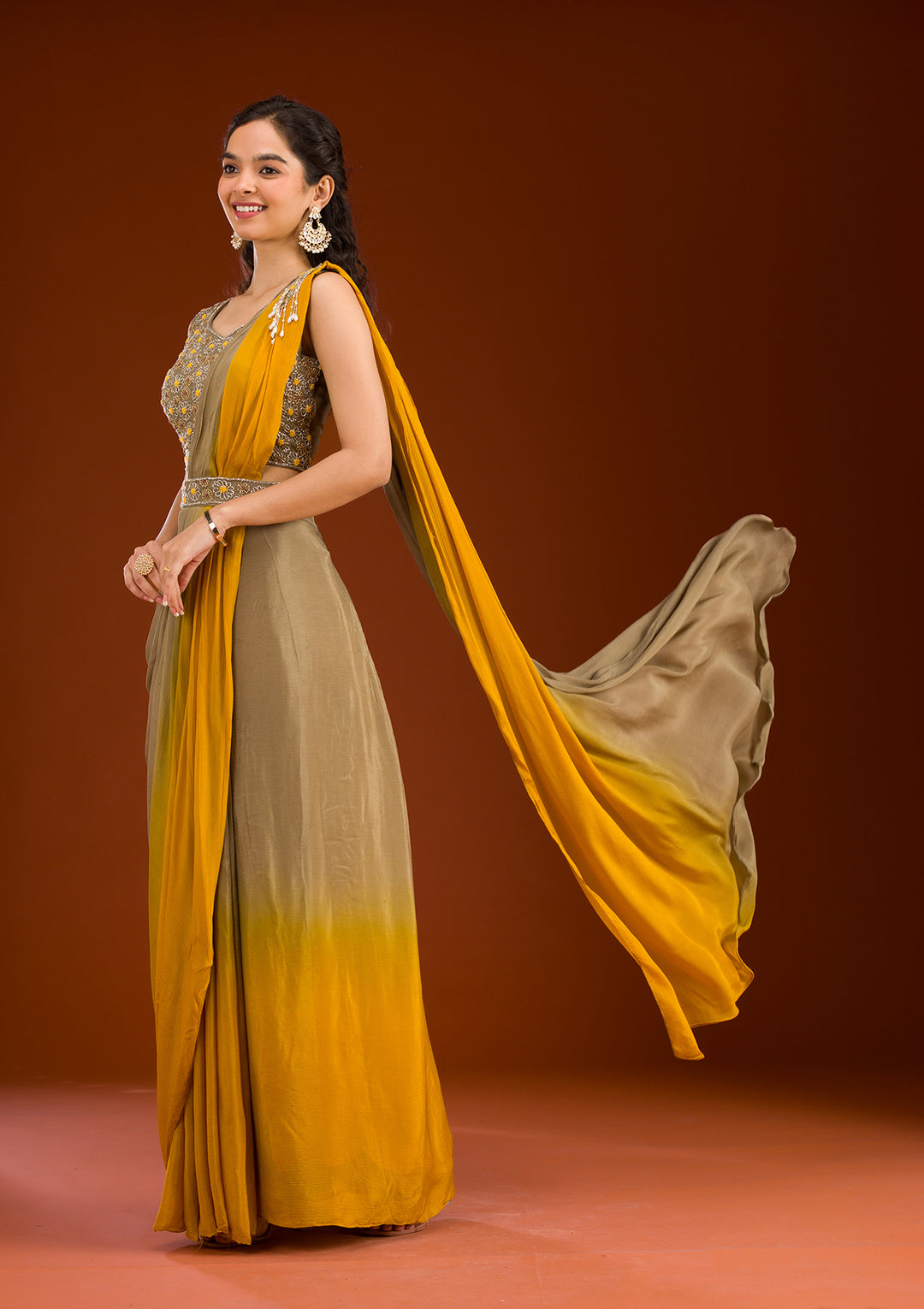 Beige Cutdana Georgette Readymade Saree