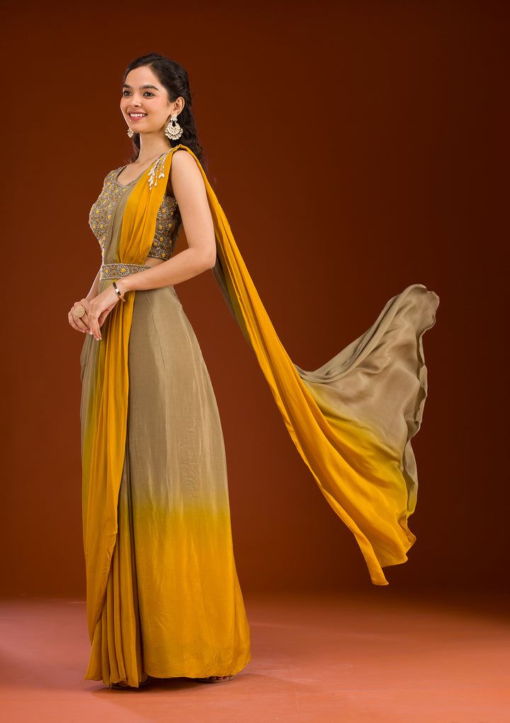 Beige Cutdana Georgette Readymade Saree