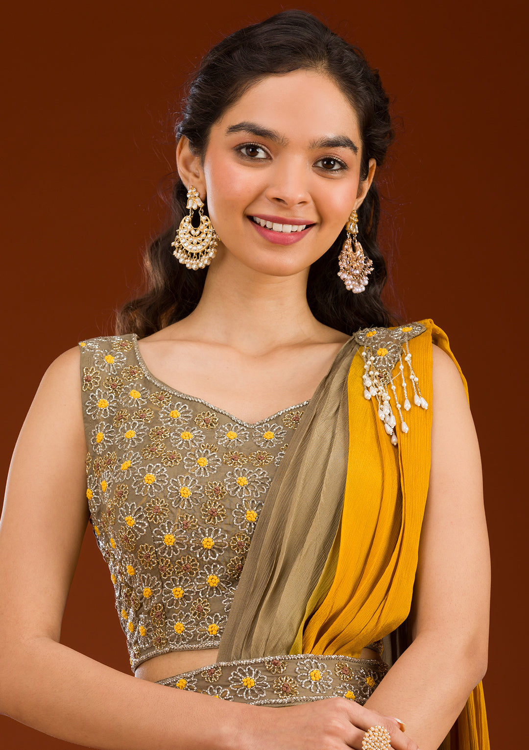 Beige Cutdana Georgette Readymade Saree