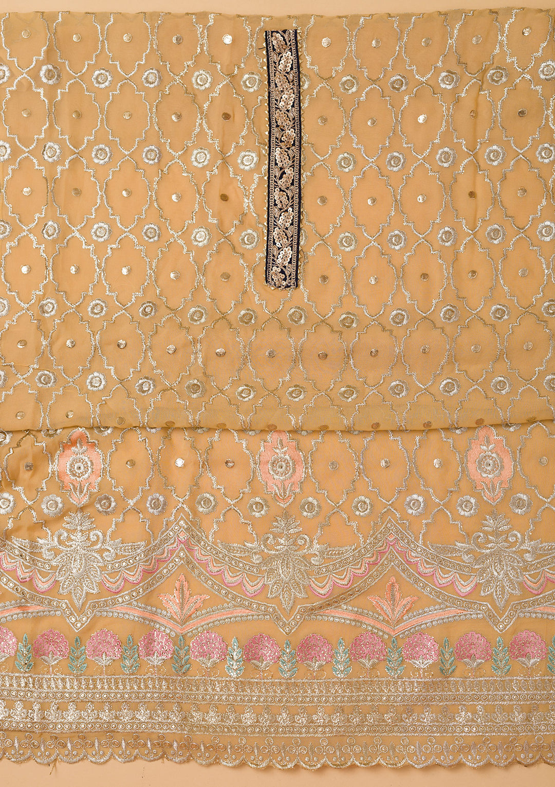 Beige Print Tissue Unstitched Salwar Suit