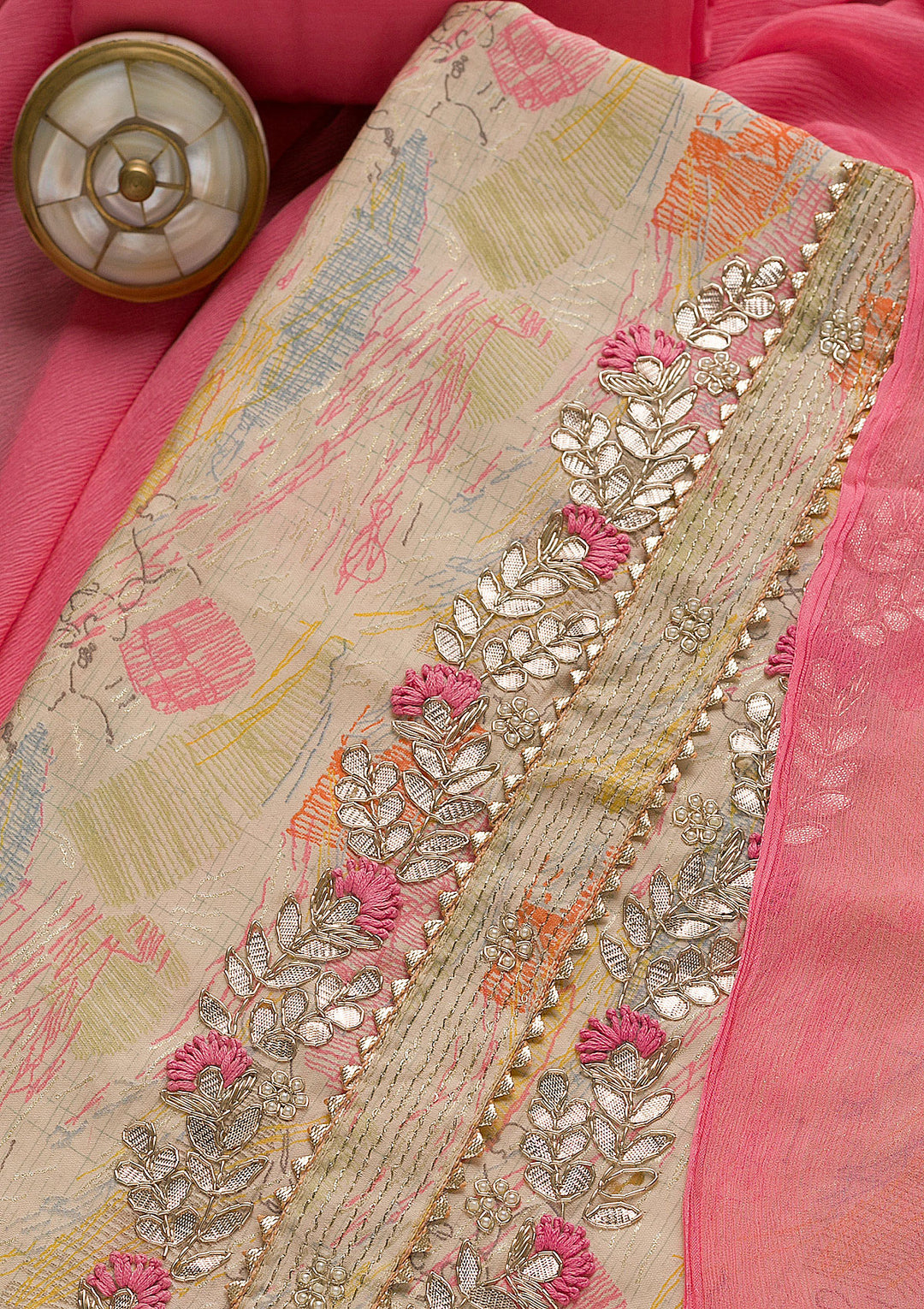 Beige Printed Georgette Unstitched Salwar Suit