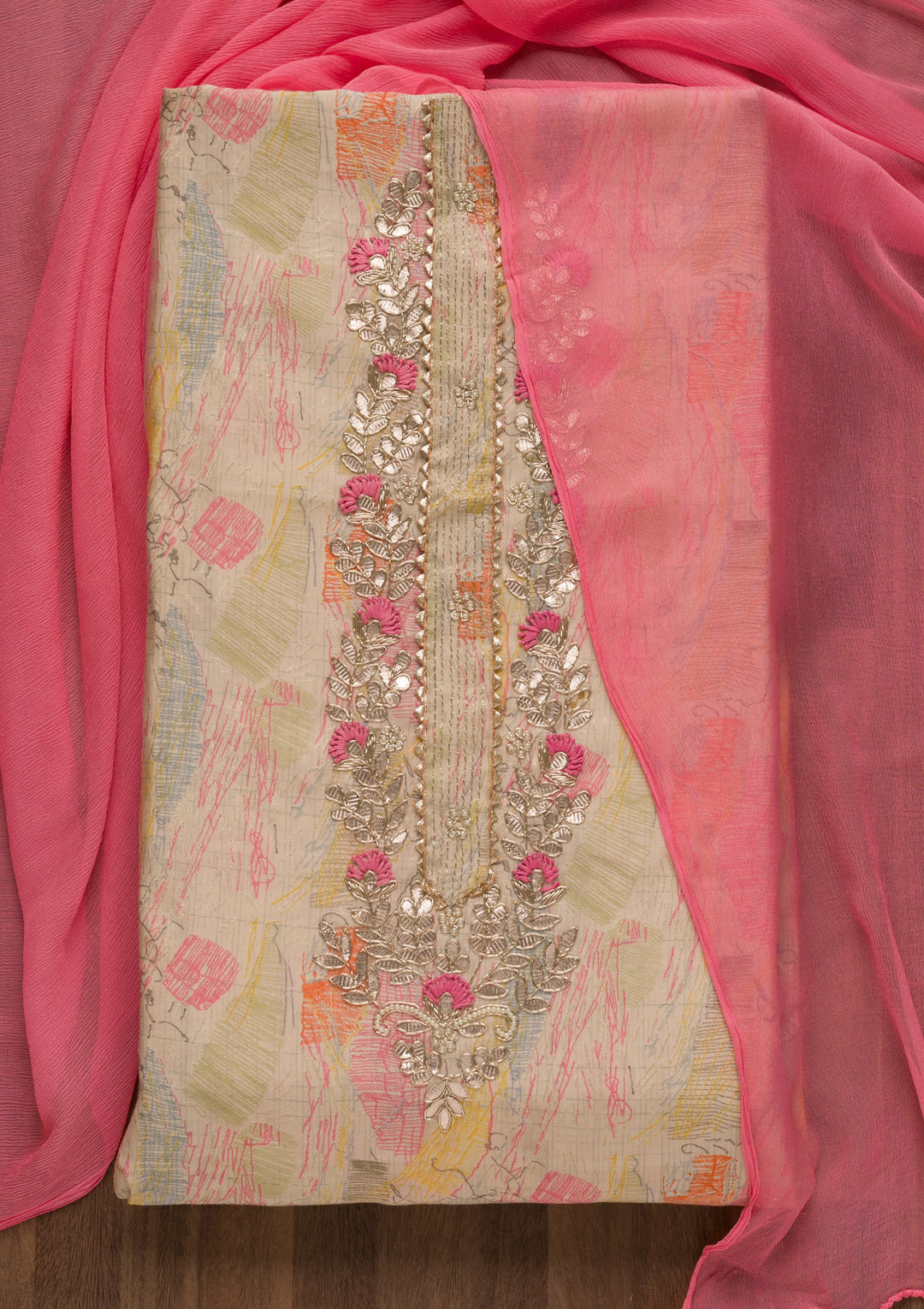 Beige Printed Georgette Unstitched Salwar Suit