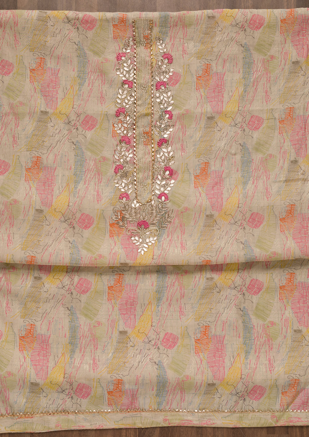 Beige Printed Georgette Unstitched Salwar Suit