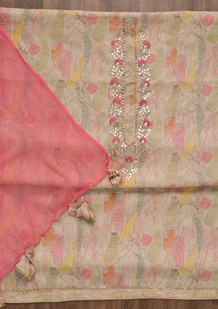 Beige Printed Georgette Unstitched Salwar Suit
