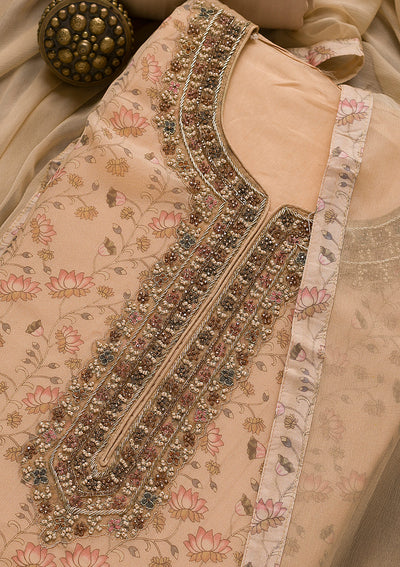 Beige Printed Organza Unstitched Salwar Suit