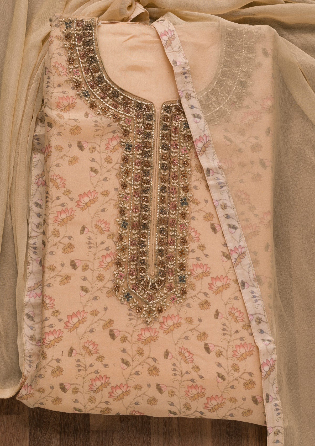 Beige Printed Organza Unstitched Salwar Suit