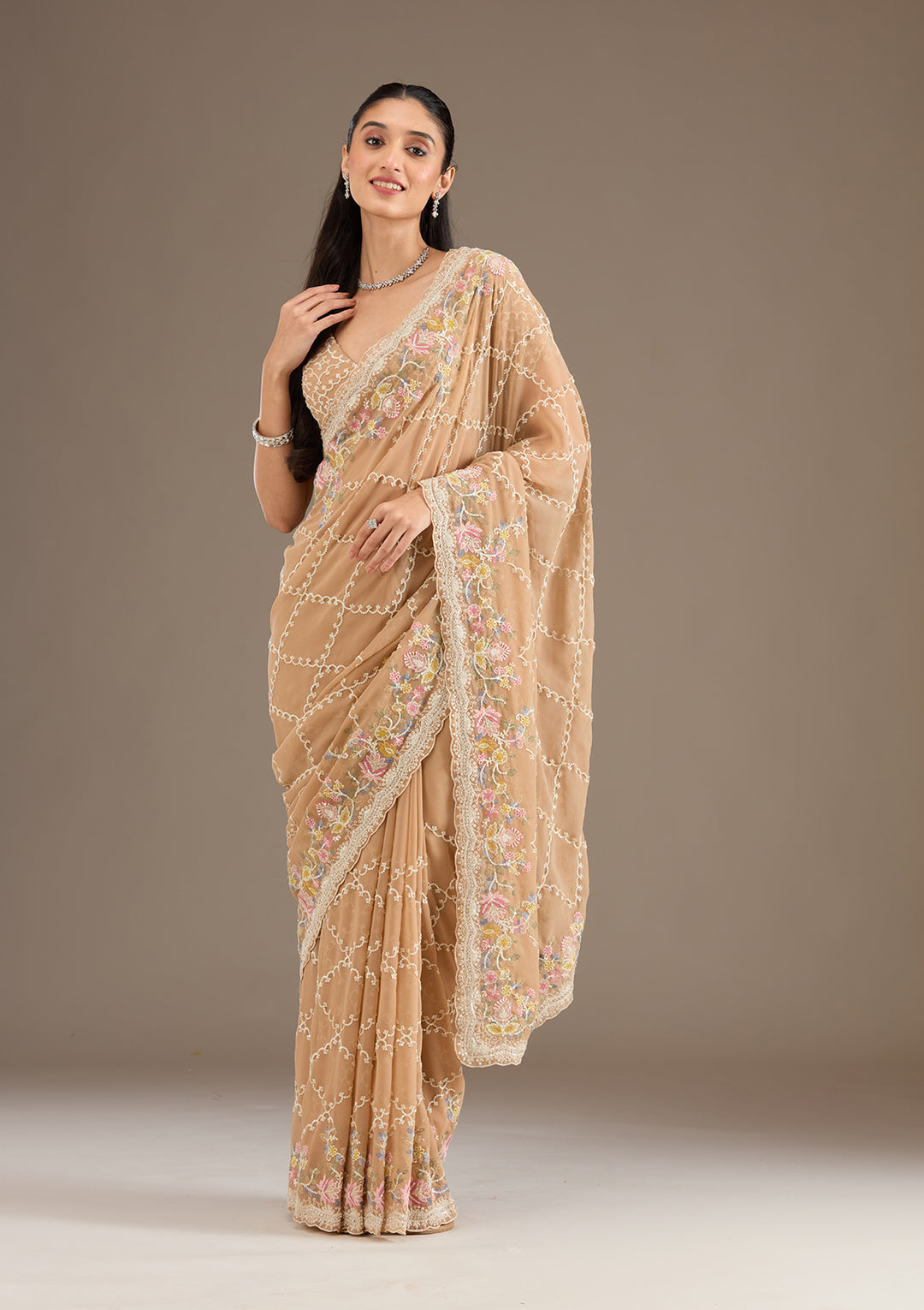 Beige Stonework Tissue Saree