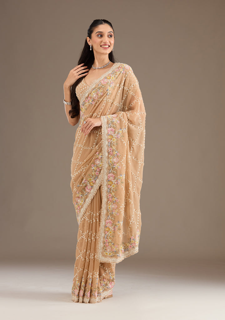 Beige Stonework Tissue Saree