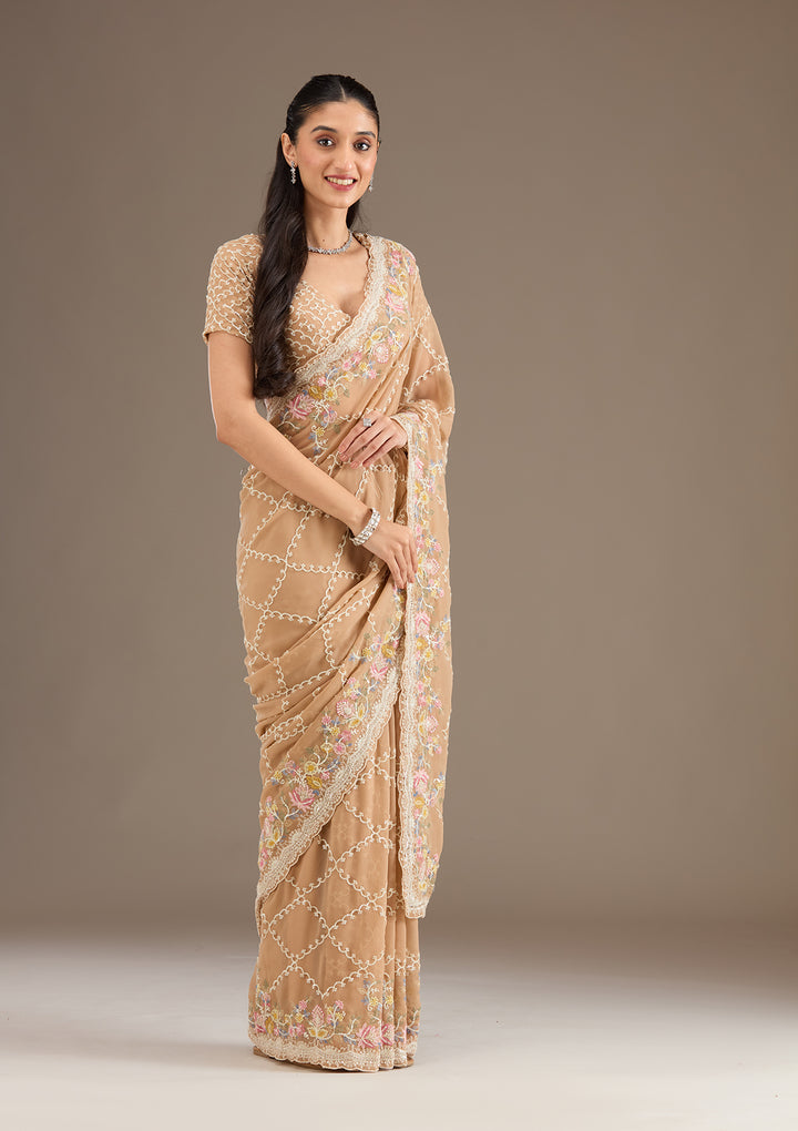 Beige Stonework Tissue Saree