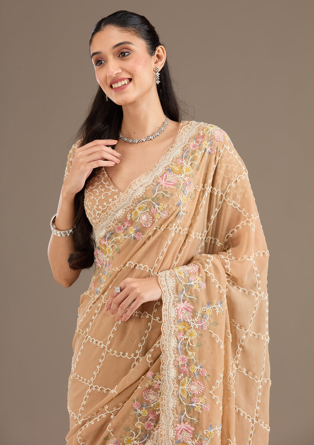 Beige Stonework Tissue Saree