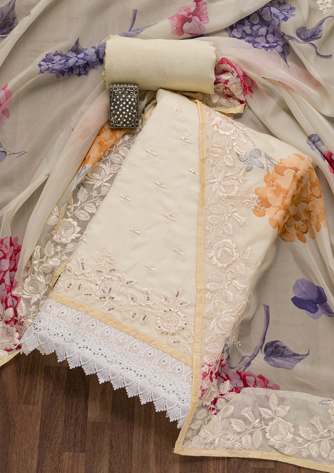 Beige Threadwork Organza Unstitched Salwar Suit