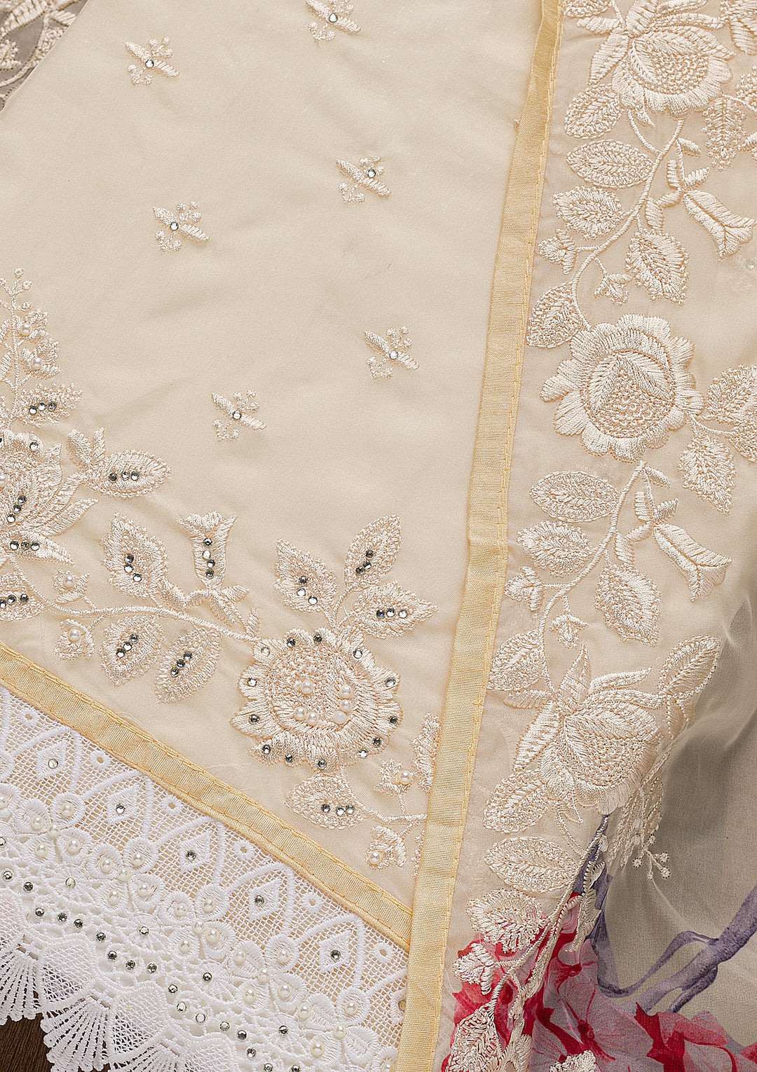 Beige Threadwork Organza Unstitched Salwar Suit