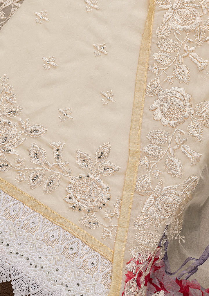Beige Threadwork Organza Unstitched Salwar Suit
