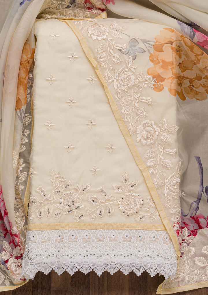 Beige Threadwork Organza Unstitched Salwar Suit