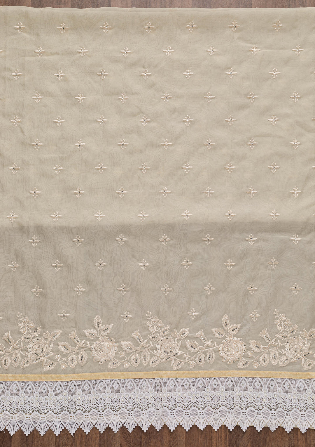 Beige Threadwork Organza Unstitched Salwar Suit