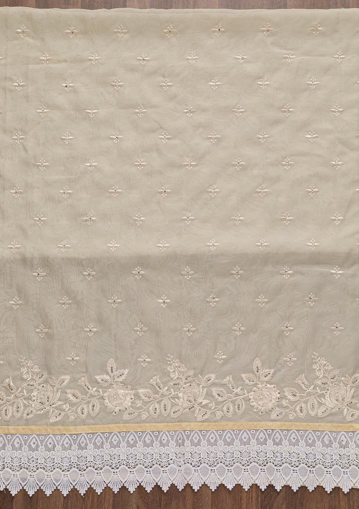 Beige Threadwork Organza Unstitched Salwar Suit