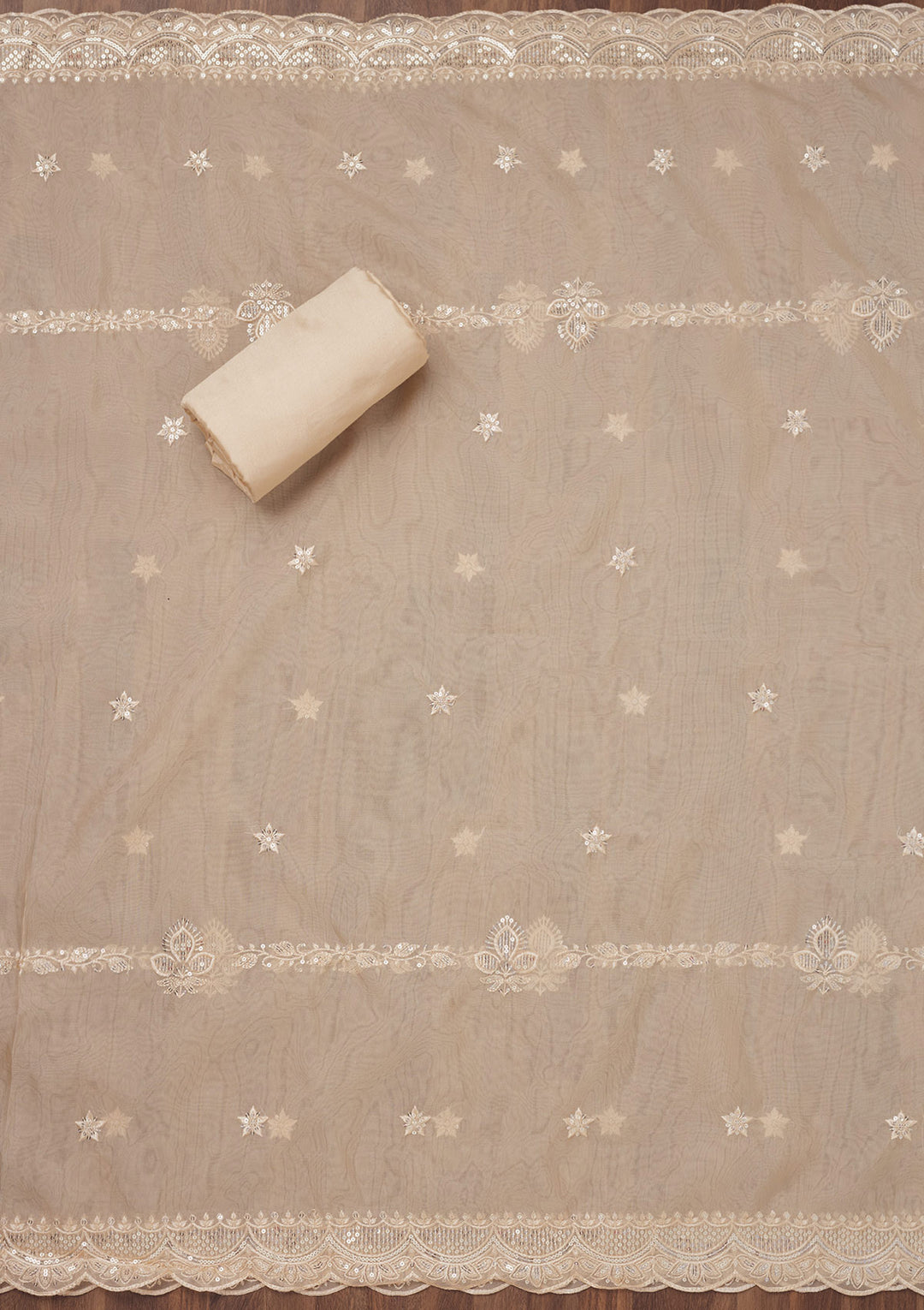 Beige Threadwork Semi Crepe Unstitched Salwar Suit