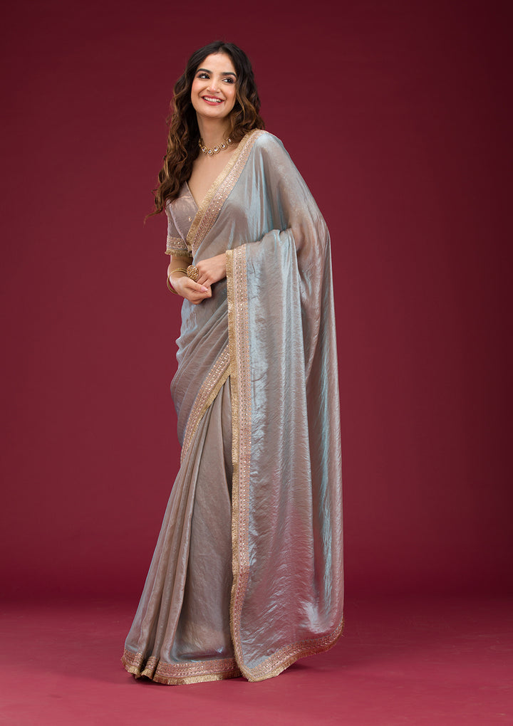 Sky Blue Threadwork Tissue Saree