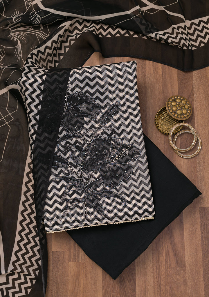 Black Printed Semi Crepe Unstitched Salwar Suit