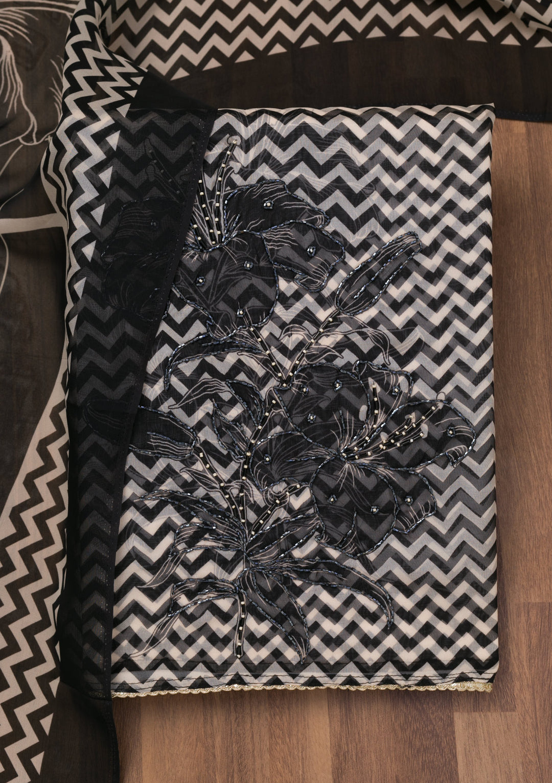 Black Printed Semi Crepe Unstitched Salwar Suit