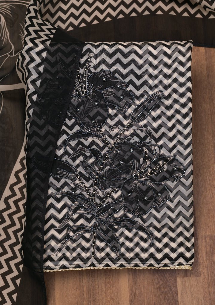 Black Printed Semi Crepe Unstitched Salwar Suit