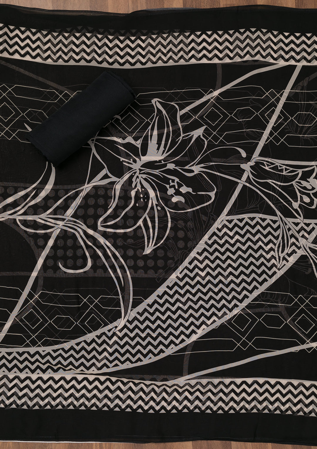 Black Printed Semi Crepe Unstitched Salwar Suit