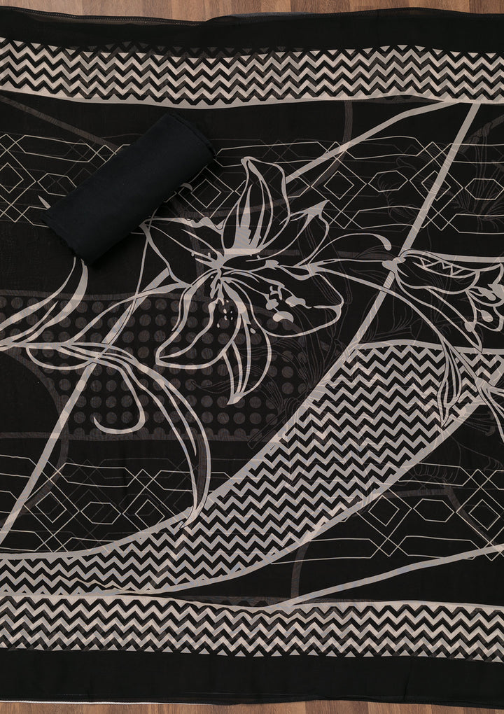 Black Printed Semi Crepe Unstitched Salwar Suit