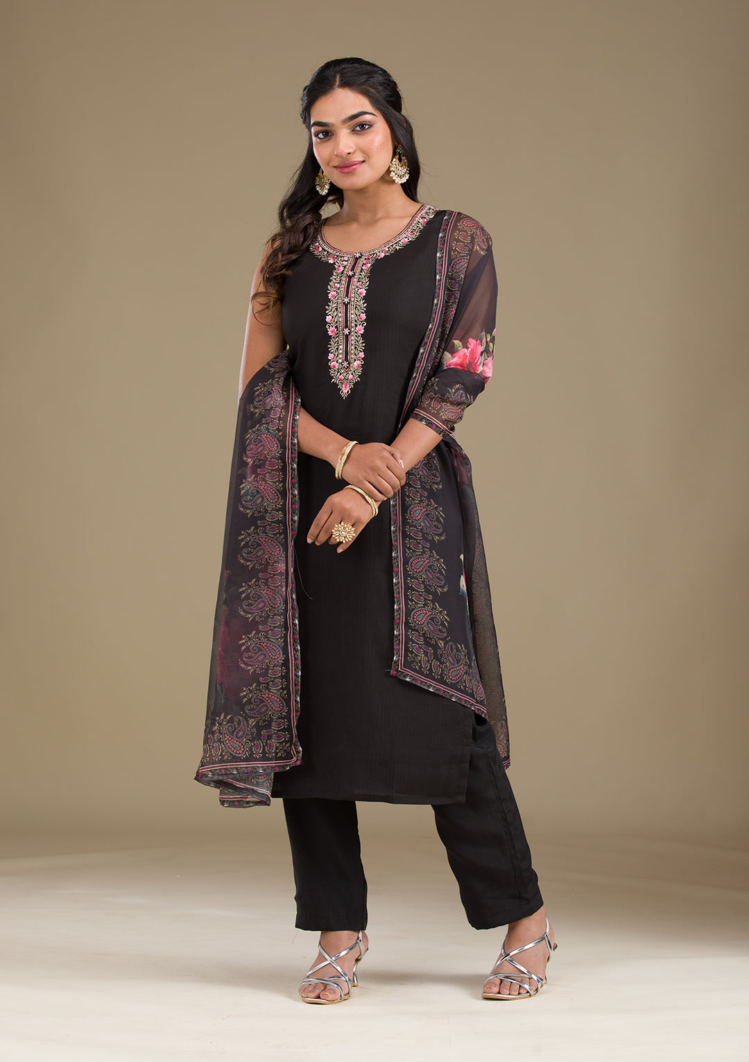 Black Threadwork Art Silk Readymade Salwar Suit
