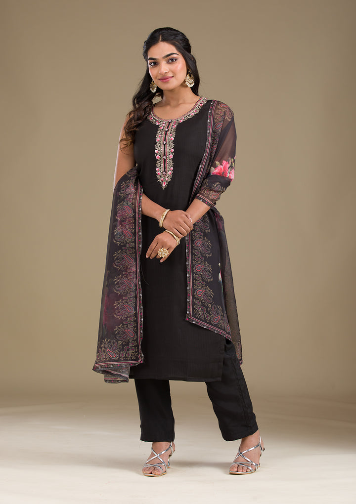 Black Threadwork Art Silk Readymade Salwar Suit
