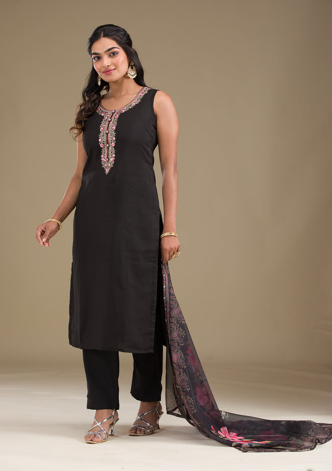 Black Threadwork Art Silk Readymade Salwar Suit