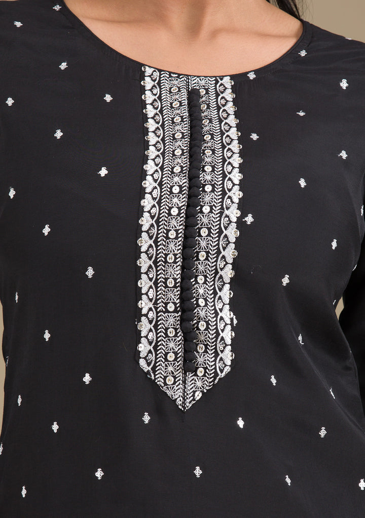 Black Threadwork Semi Crepe Readymade Salwar Suit