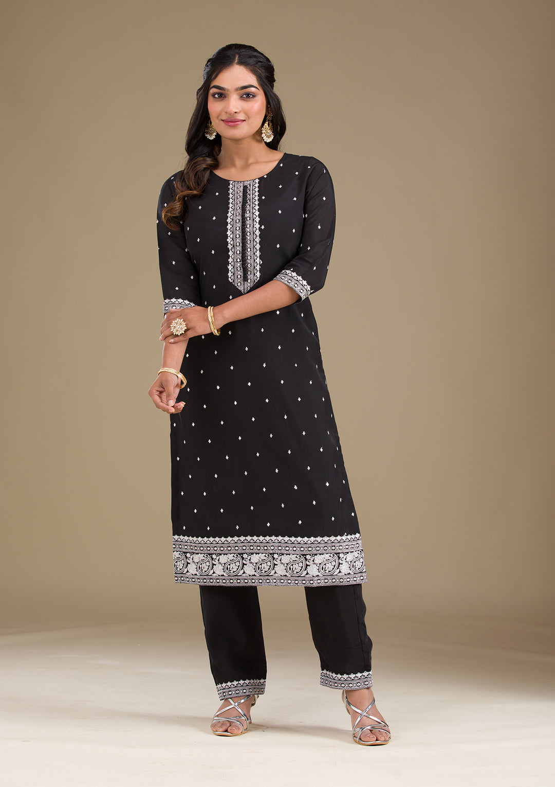 Black Threadwork Semi Crepe Readymade Salwar Suit