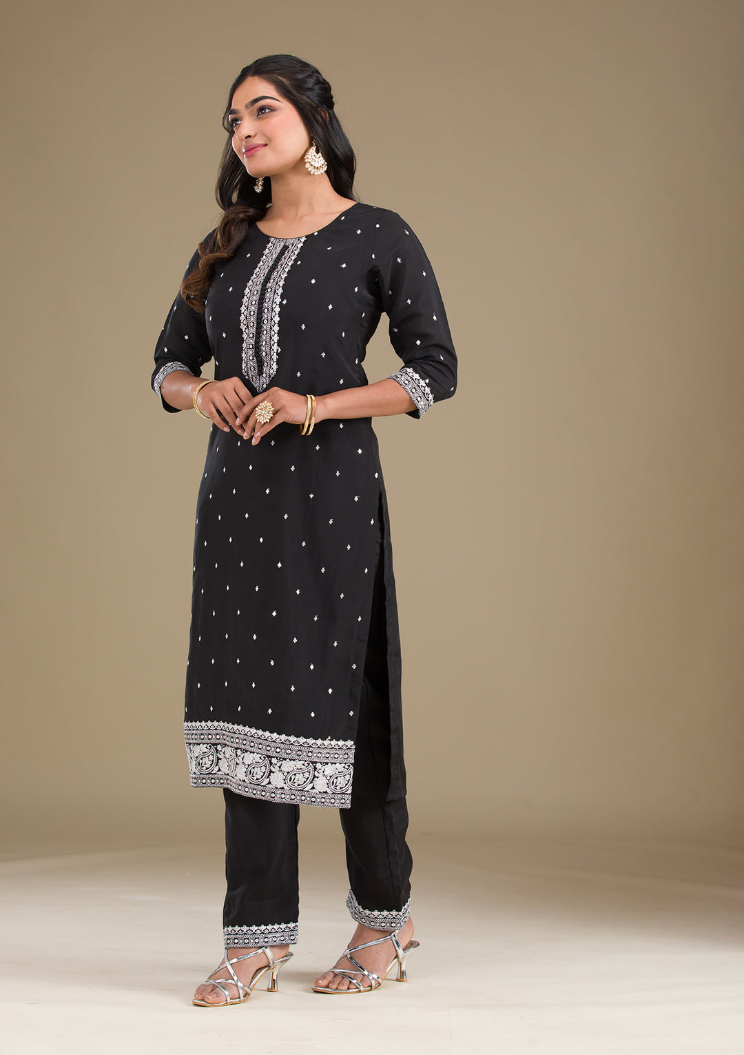 Black Threadwork Semi Crepe Readymade Salwar Suit