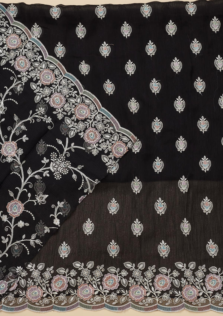 Black Threadwork Semi Crepe Unstitched Salwar Suit