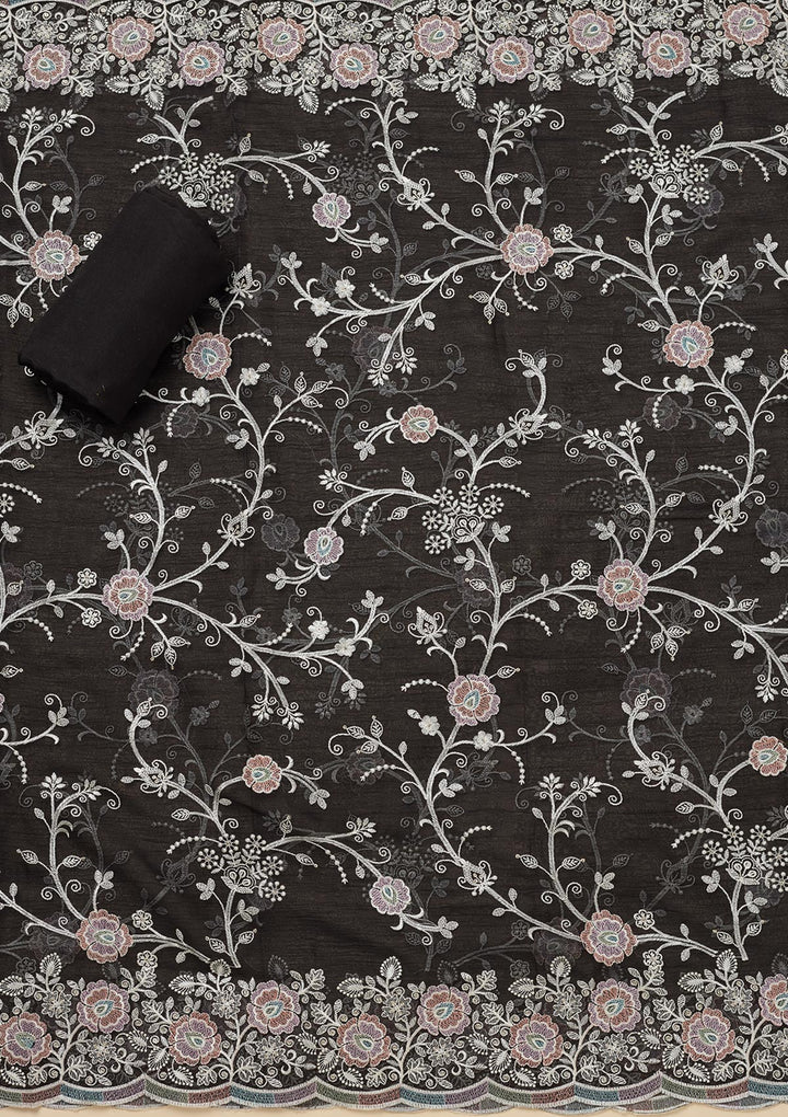 Black Threadwork Semi Crepe Unstitched Salwar Suit