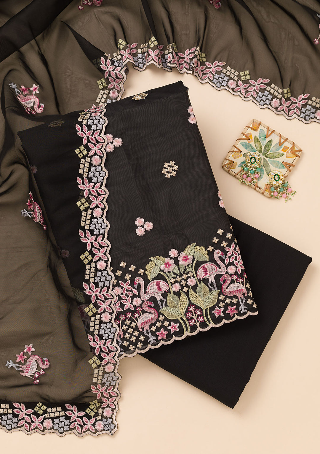 Black Threadwork Tissue Unstitched Salwar Suit