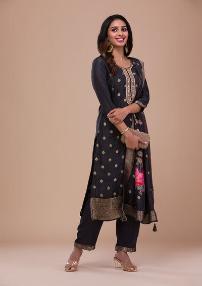 Black Zariwork Art Silk Readymade Salwar Suit