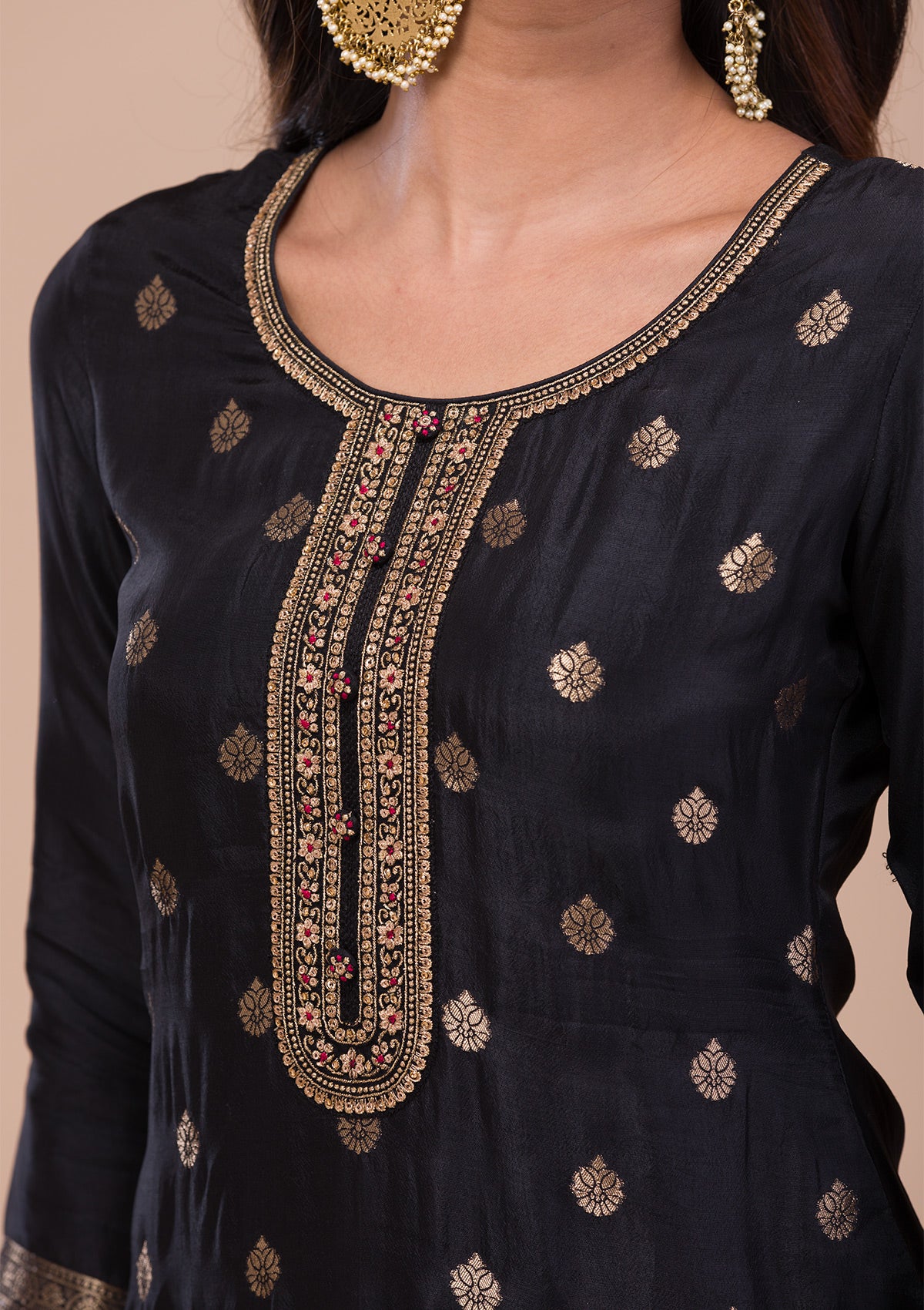Black Zariwork Art Silk Readymade Salwar Suit