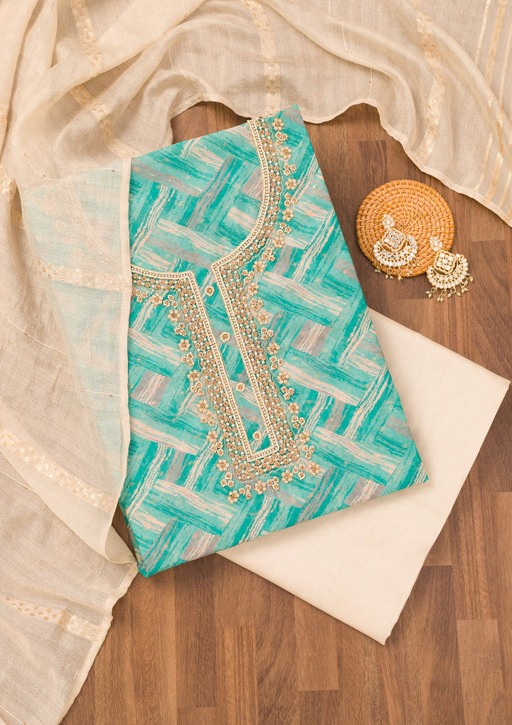 Blue Printed Chanderi Unstitched Salwar Suit