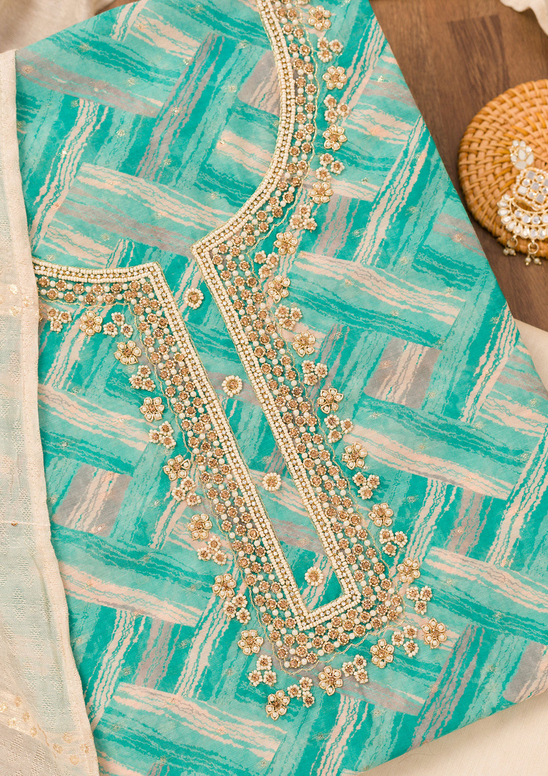 Blue Printed Chanderi Unstitched Salwar Suit