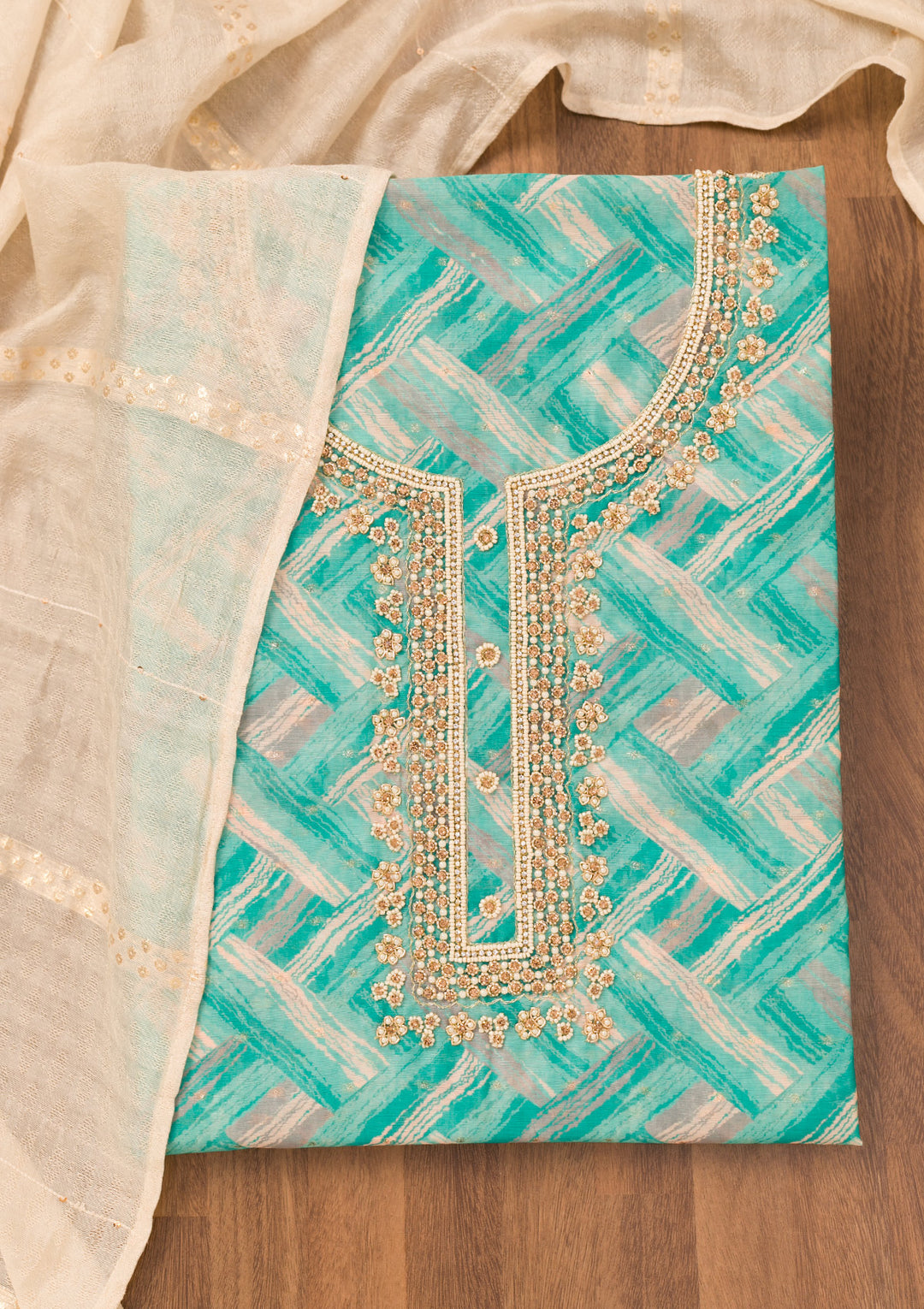 Blue Printed Chanderi Unstitched Salwar Suit