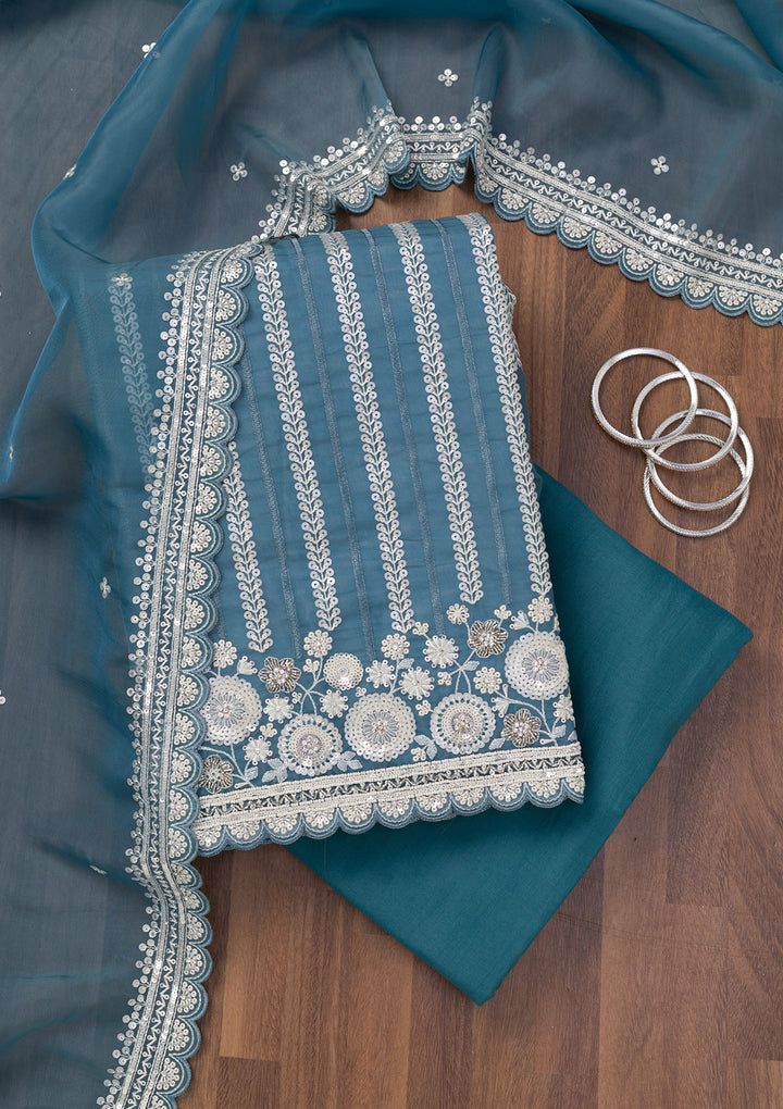 Blue Threadwork Tissue Unstitched Salwar Suit
