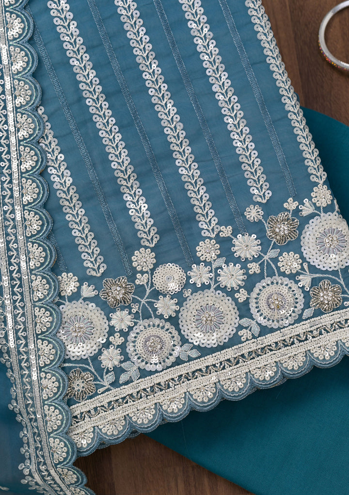 Blue Threadwork Tissue Unstitched Salwar Suit