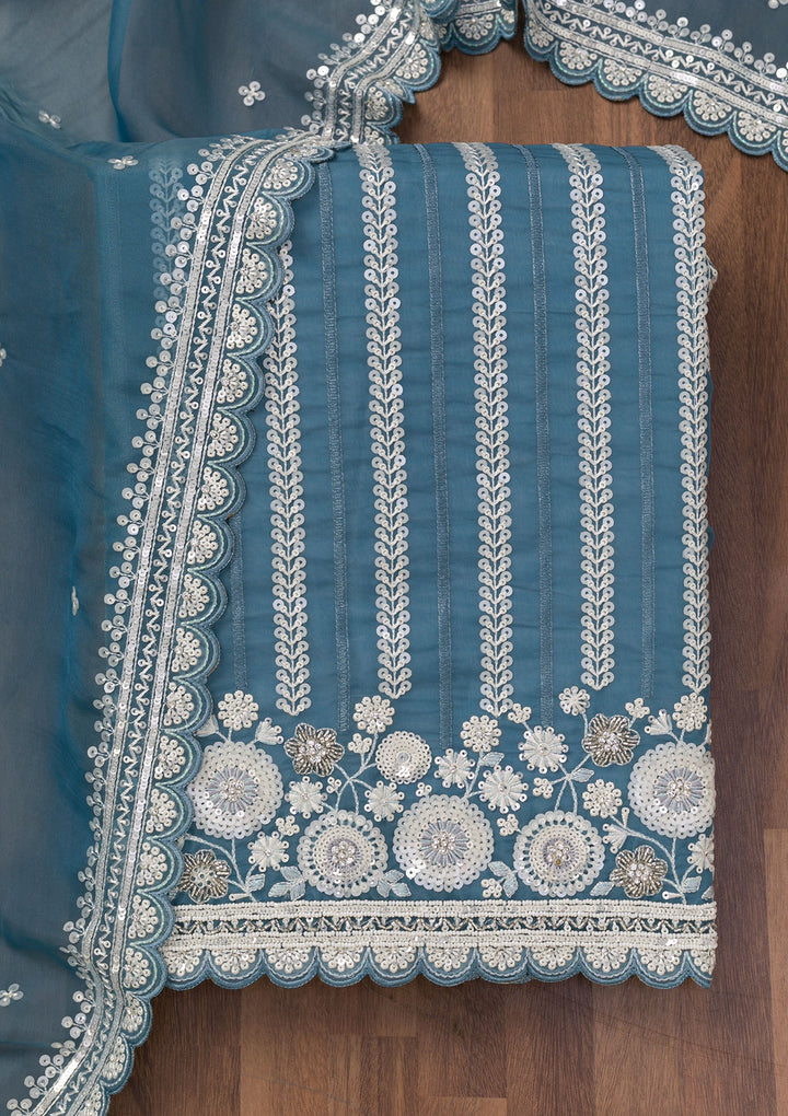 Blue Threadwork Tissue Unstitched Salwar Suit